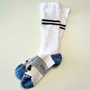 Bombas New Small Compression Socks White w/ Black Stripes & Blue Heather Accents